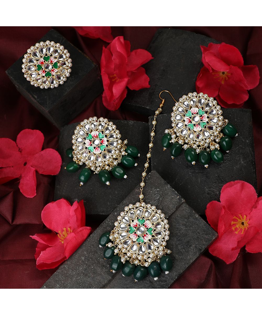 Women's Gold Plated Round shape Kundan and Pearl Studded Maang-tikka,Earrings and Ring Set
