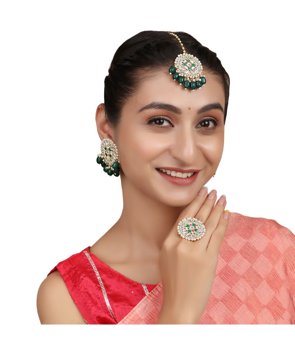 Women's Gold Plated Round shape Kundan and Pearl Studded Maang-tikka,Earrings and Ring Set
