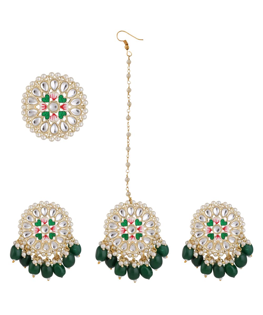 Women's Gold Plated Round shape Kundan and Pearl Studded Maang-tikka,Earrings and Ring Set