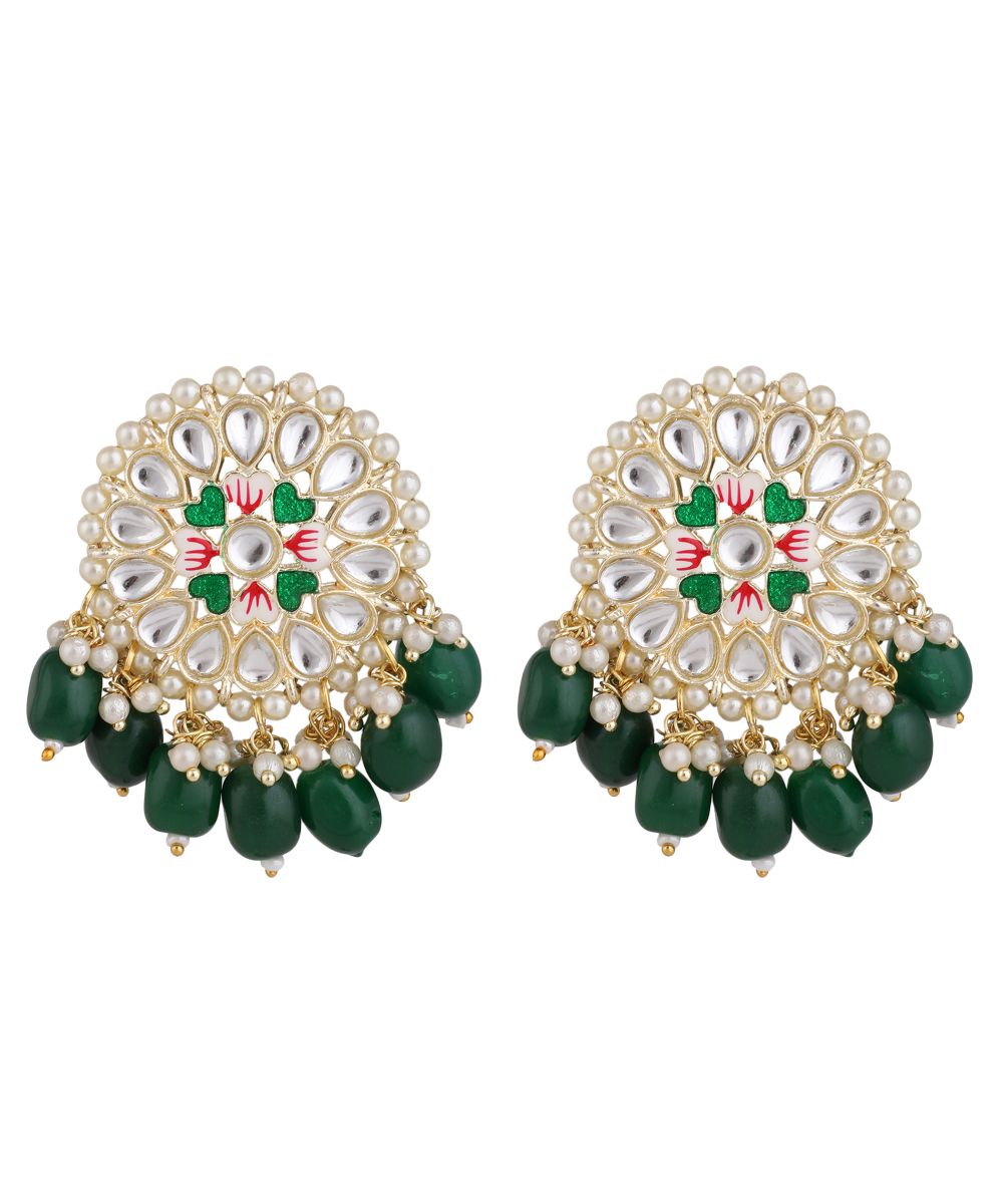 Women's Gold Plated Round shape Kundan and Pearl Studded Maang-tikka,Earrings and Ring Set