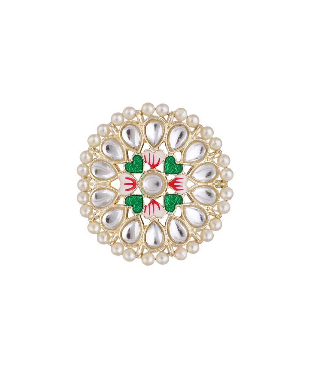 Women's Gold Plated Round shape Kundan and Pearl Studded Maang-tikka,Earrings and Ring Set
