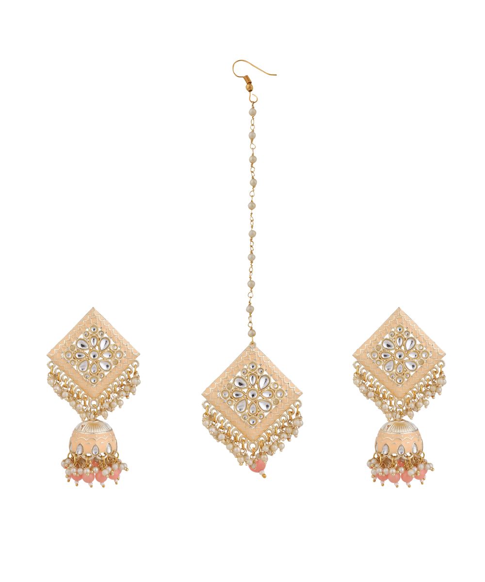 Women's Gold Plated Diamond Shape Stone studded Maang-tikka and Earring Set