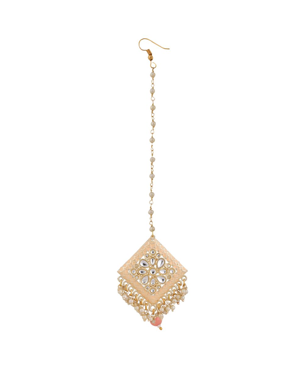 Women's Gold Plated Diamond Shape Stone studded Maang-tikka and Earring Set