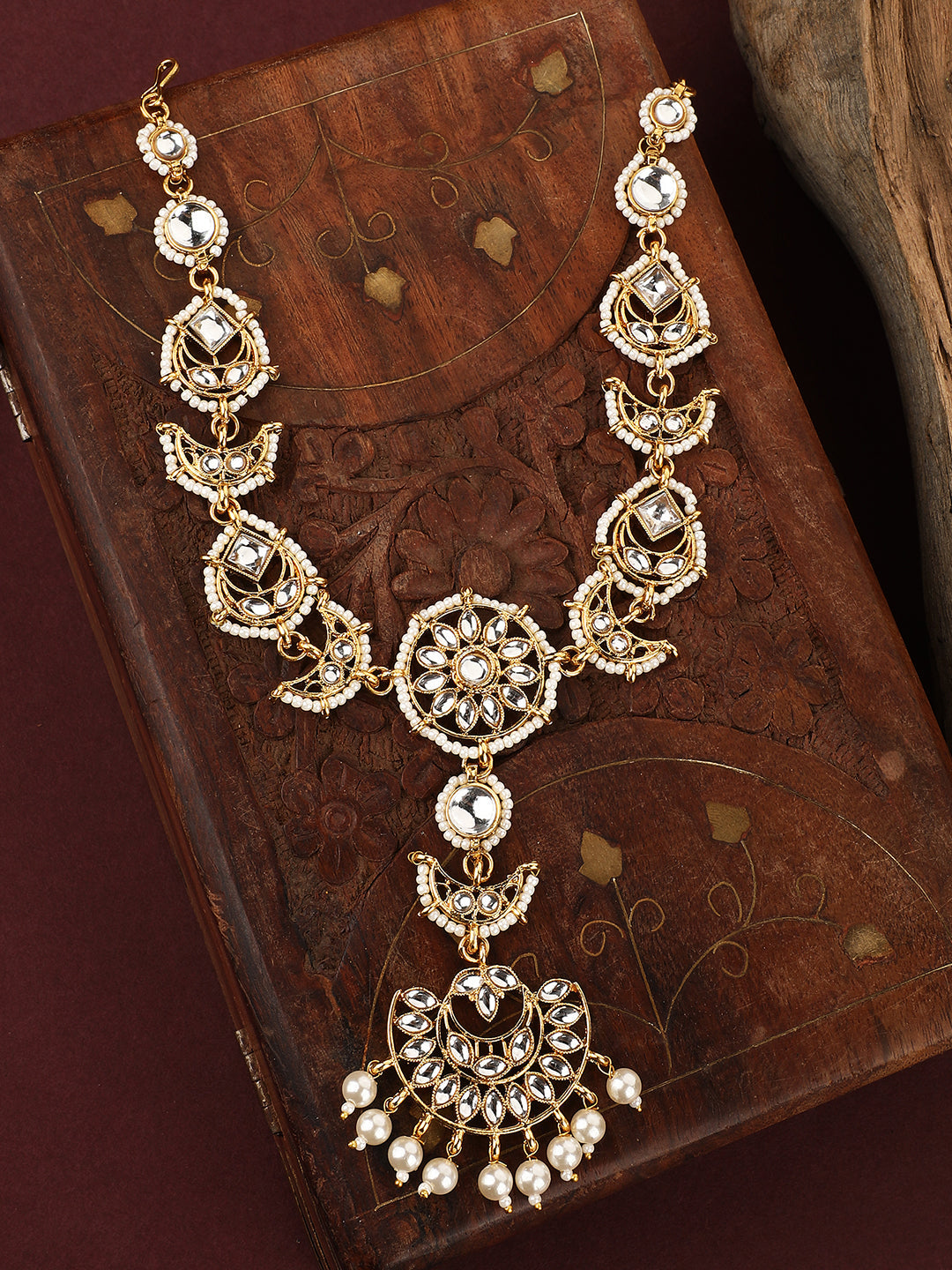 Women's/Girls Ethnic Gold Plated Stone Studded With Pearl Drop Floral Shaped Maangtikk