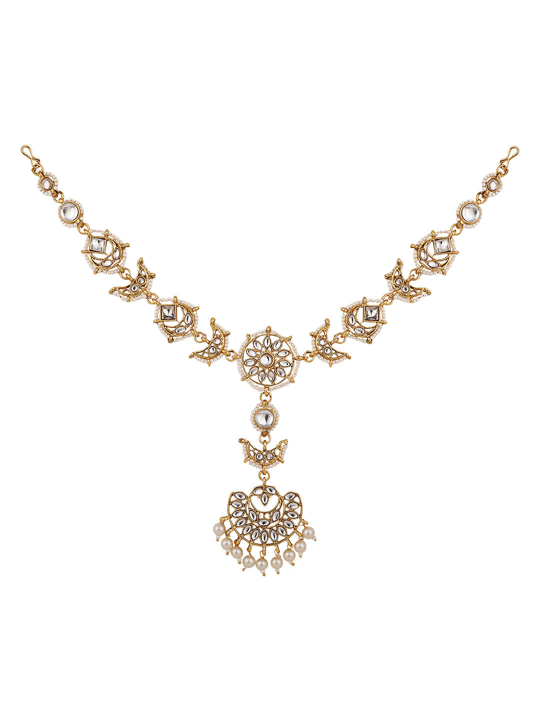 Women's/Girls Ethnic Gold Plated Stone Studded With Pearl Drop Floral Shaped Maangtikk