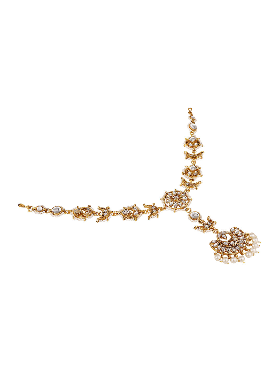 Women's/Girls Ethnic Gold Plated Stone Studded With Pearl Drop Floral Shaped Maangtikk
