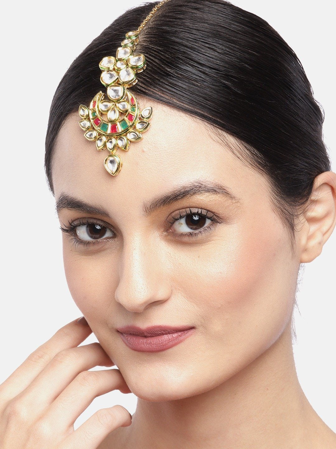 Women's Gold-Plated Kundan and Artificial Stone Studded Maang Tikka