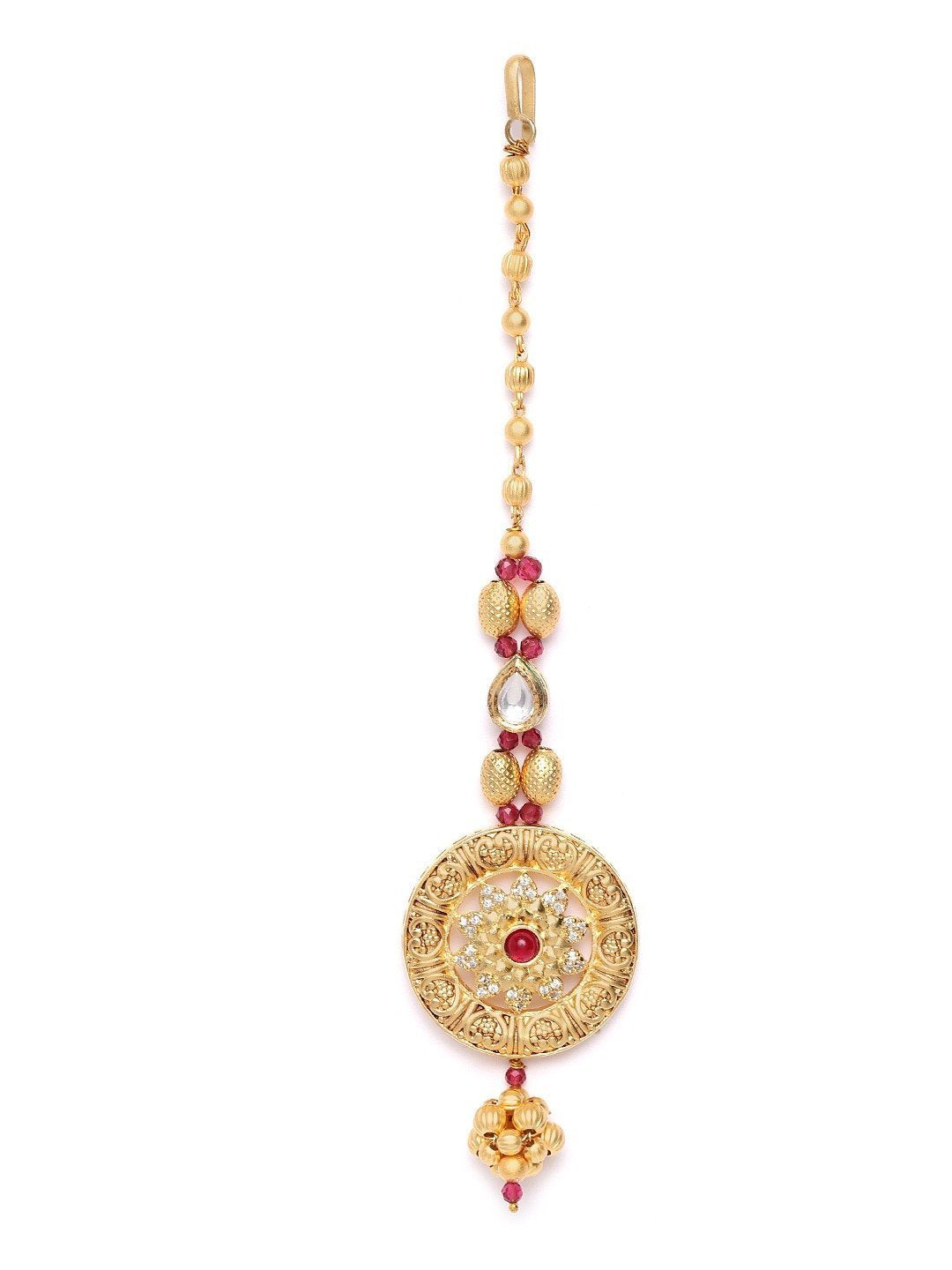 Women's Gold Plated Ruby Studded Red Maang Tikka