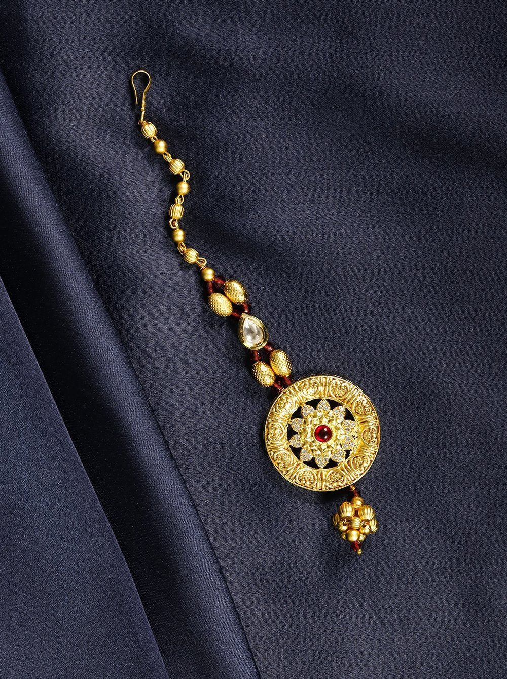 Women's Gold Plated Ruby Studded Red Maang Tikka