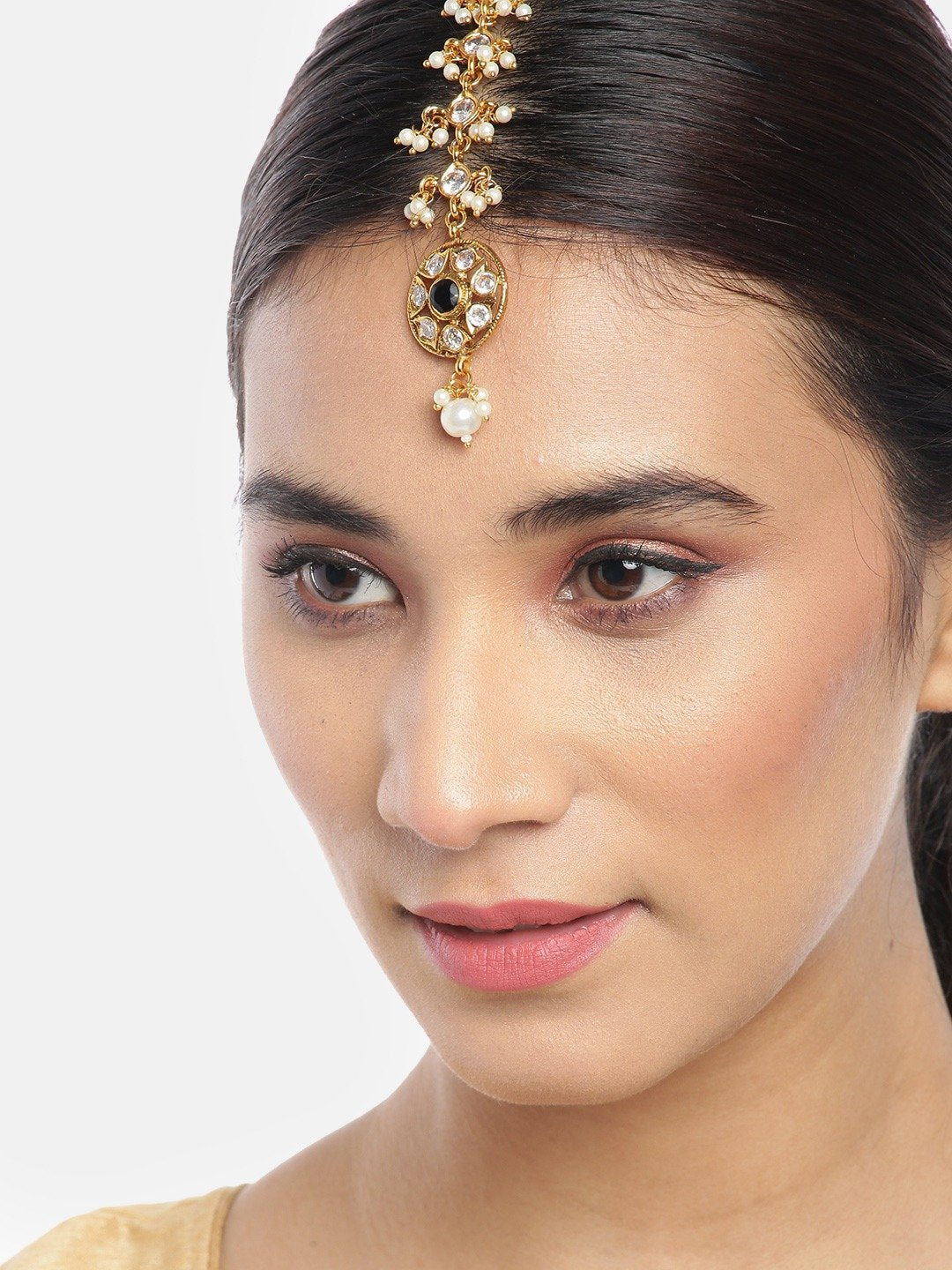 Women's Gold Plated Stone Studded and Beaded Maang Tikka