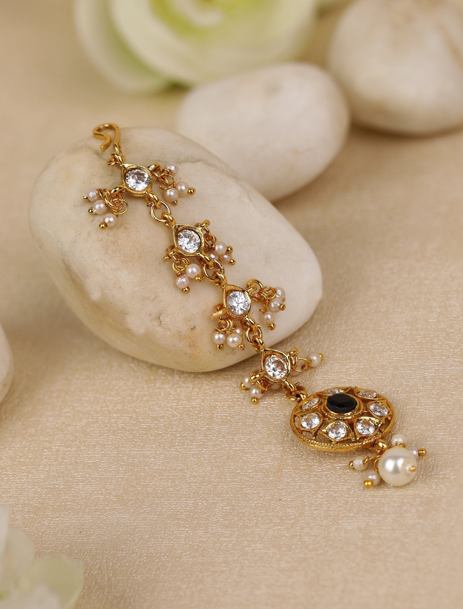 Women's Gold Plated Stone Studded and Beaded Maang Tikka