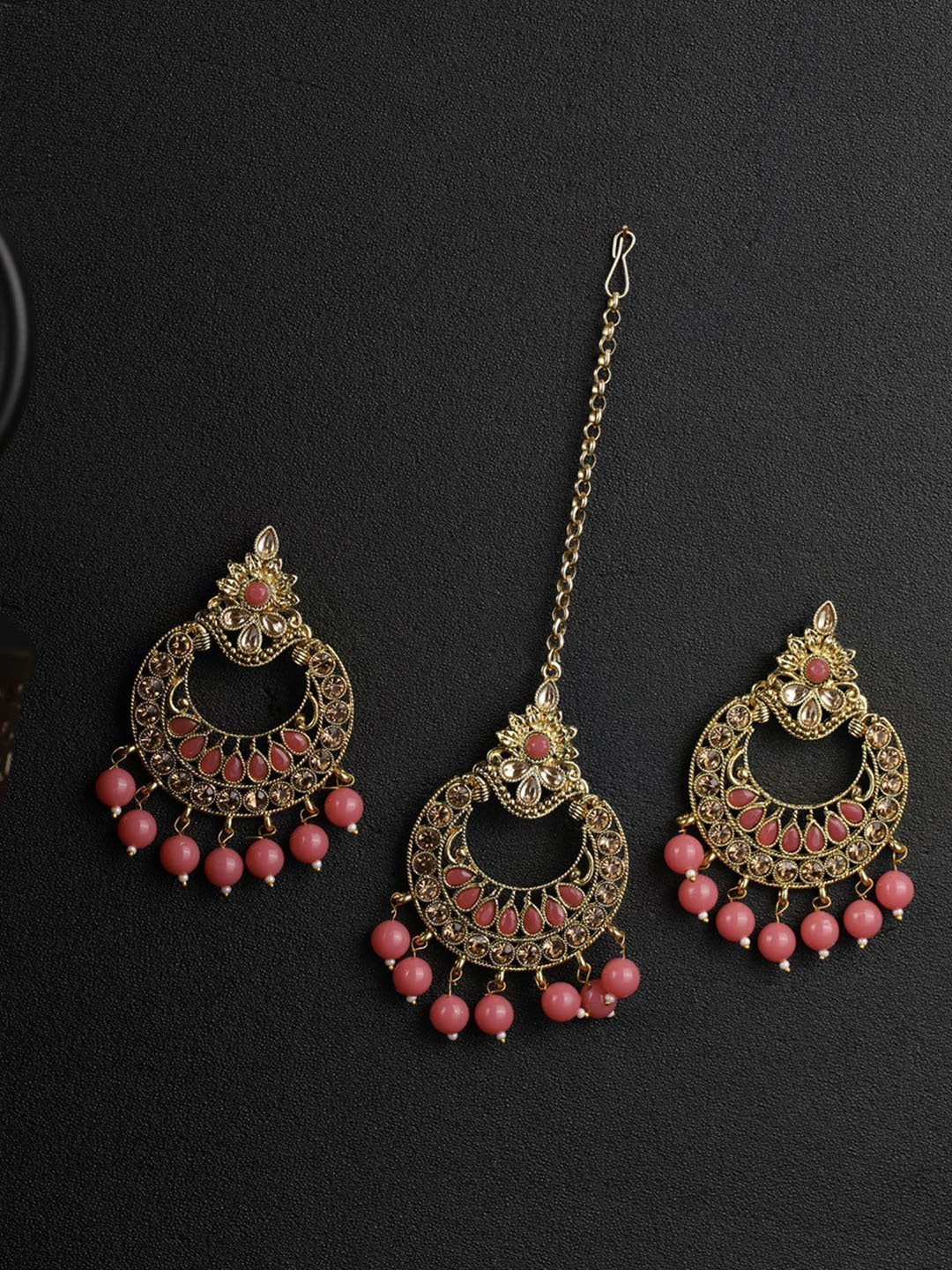 Women's Kundan Pink Stone MaangTikka Earring Set