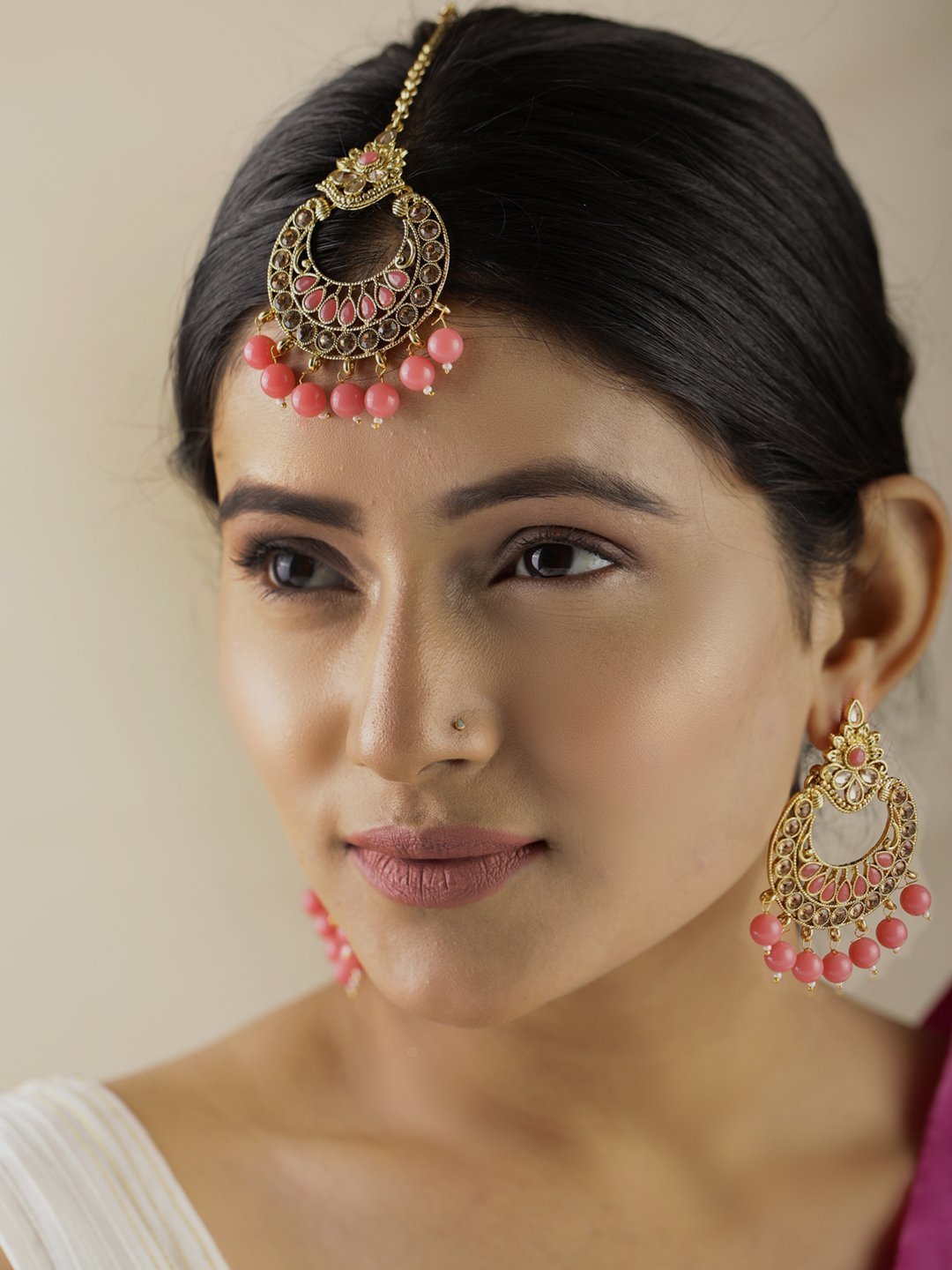 Women's Kundan Pink Stone MaangTikka Earring Set