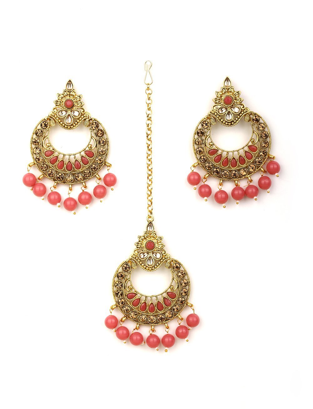 Women's Kundan Pink Stone MaangTikka Earring Set