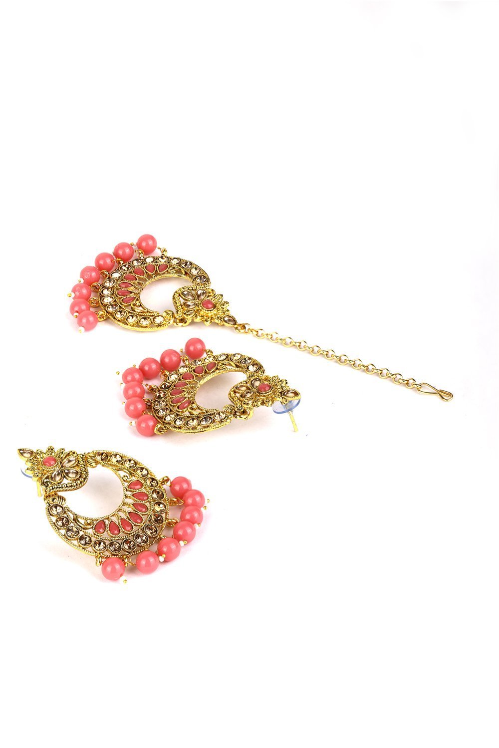 Women's Kundan Pink Stone MaangTikka Earring Set
