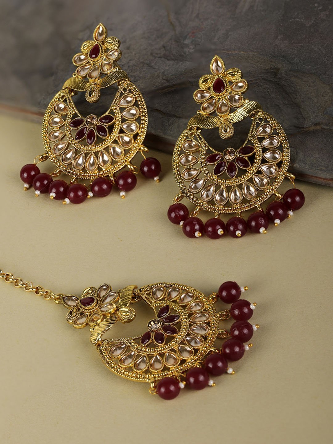 Women's Kundan Maroon Stone MaangTikka Earring Set