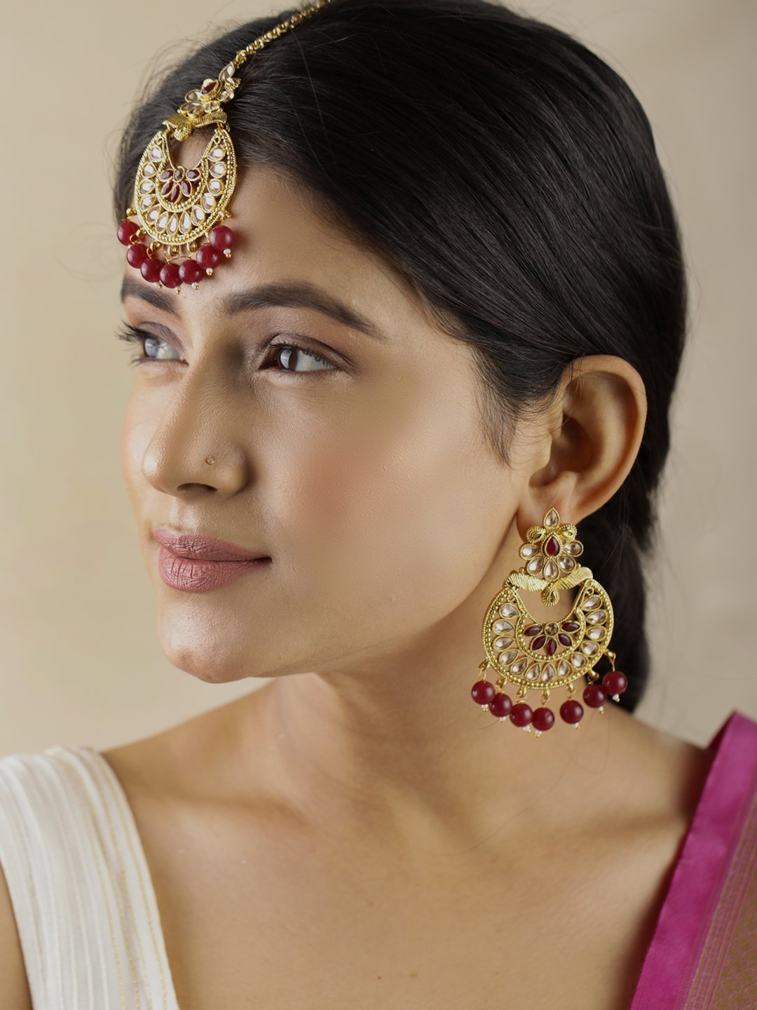 Women's Kundan Maroon Stone MaangTikka Earring Set