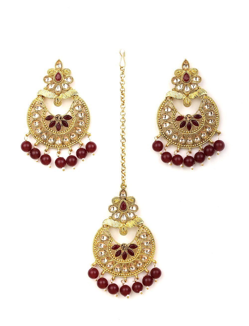 Women's Kundan Maroon Stone MaangTikka Earring Set
