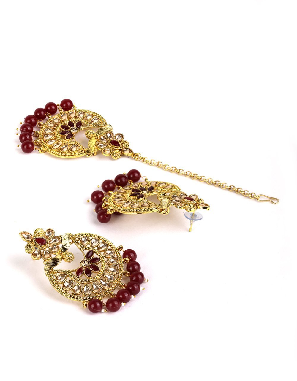 Women's Kundan Maroon Stone MaangTikka Earring Set