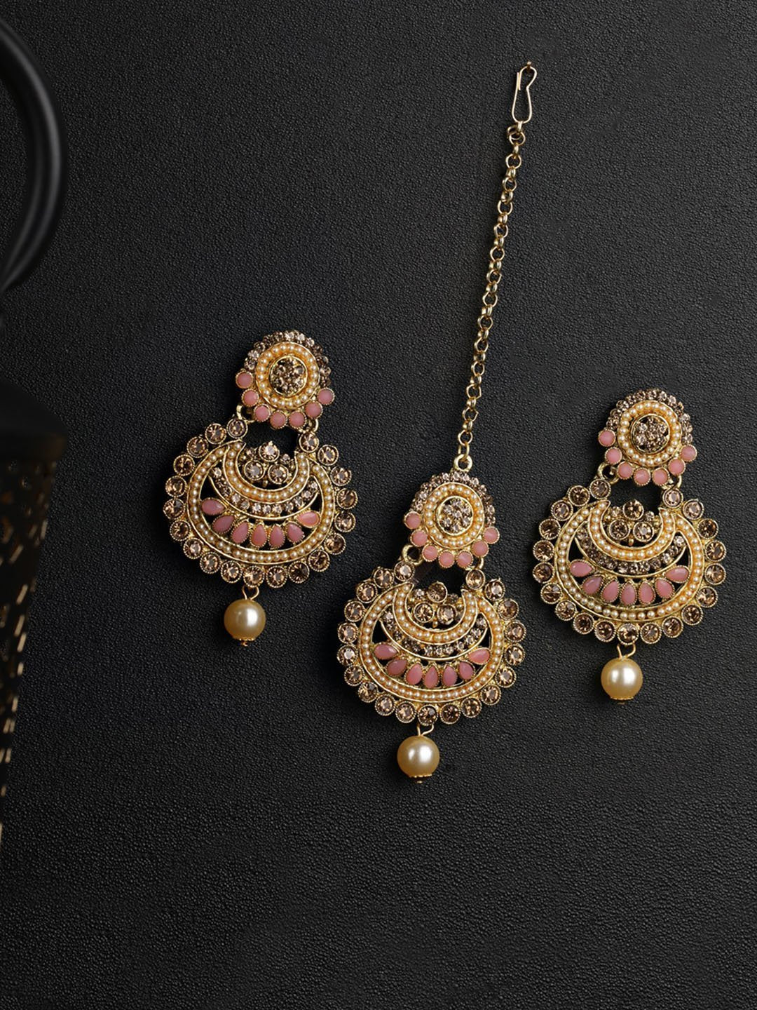 Women's Kundan Pink Stone MaangTikka Earring Set