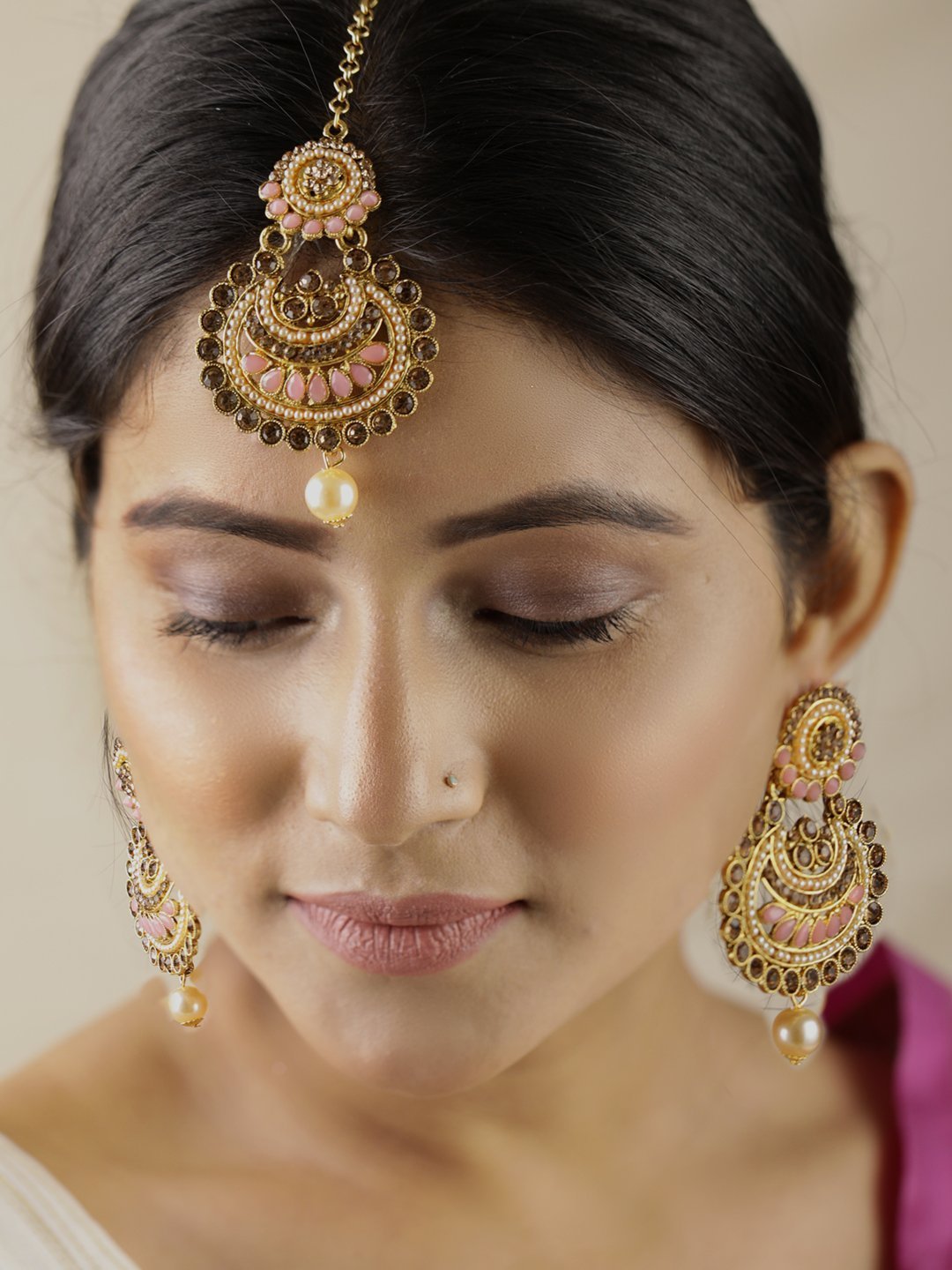 Women's Kundan Pink Stone MaangTikka Earring Set