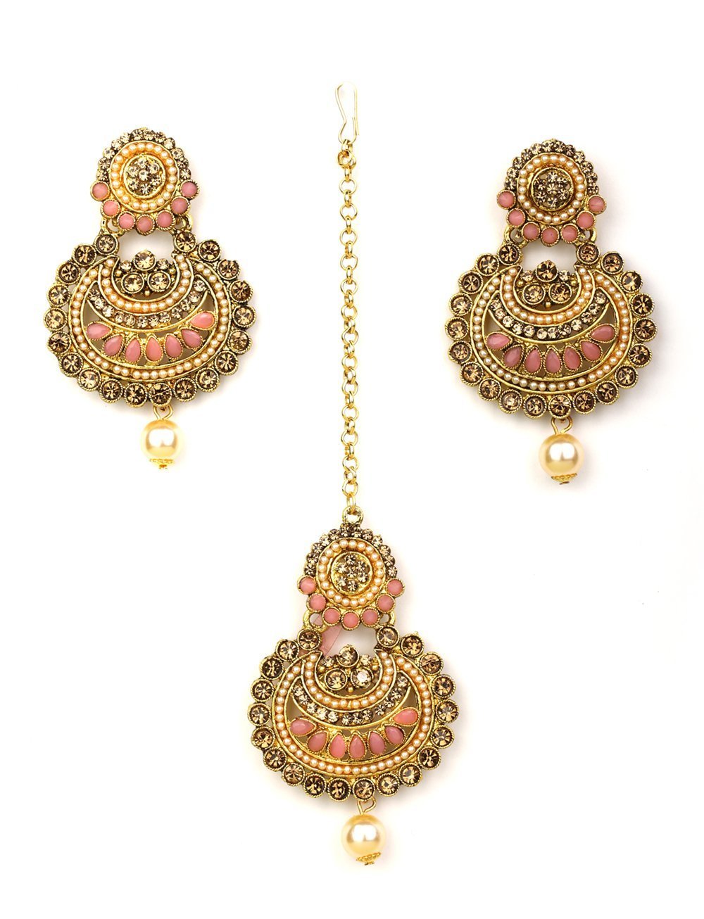 Women's Kundan Pink Stone MaangTikka Earring Set