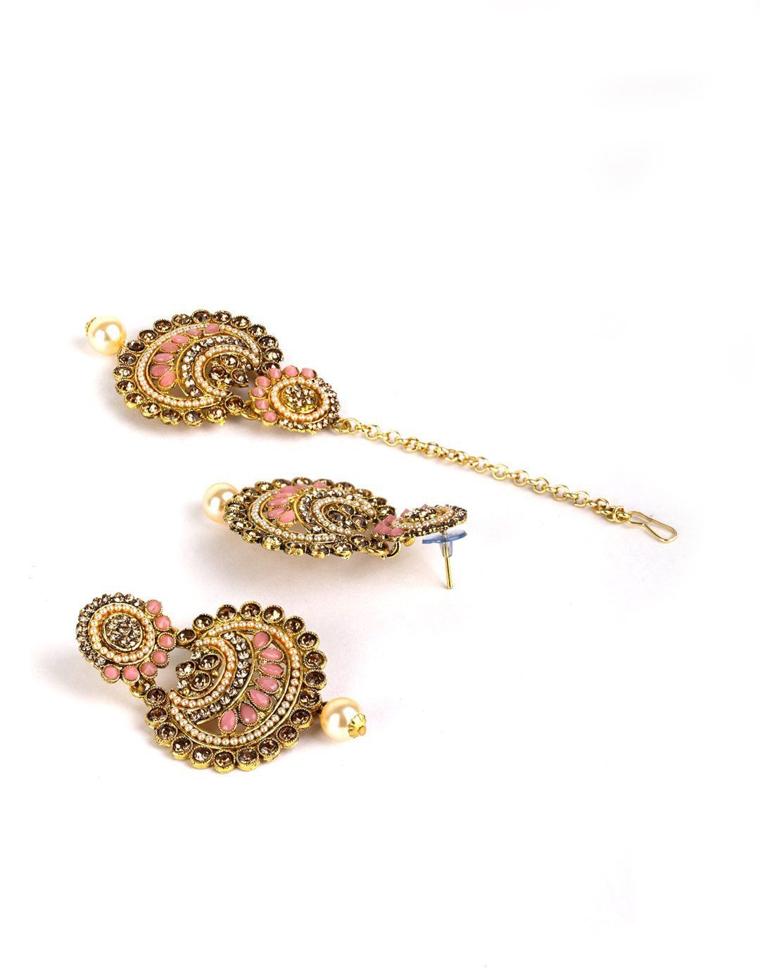 Women's Kundan Pink Stone MaangTikka Earring Set