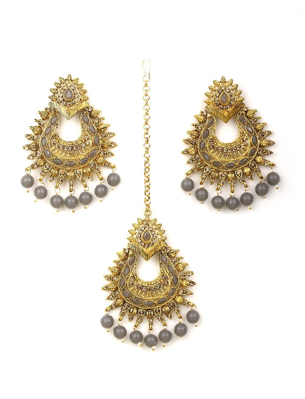 Women's Grey Stone MaangTikka Earring Set