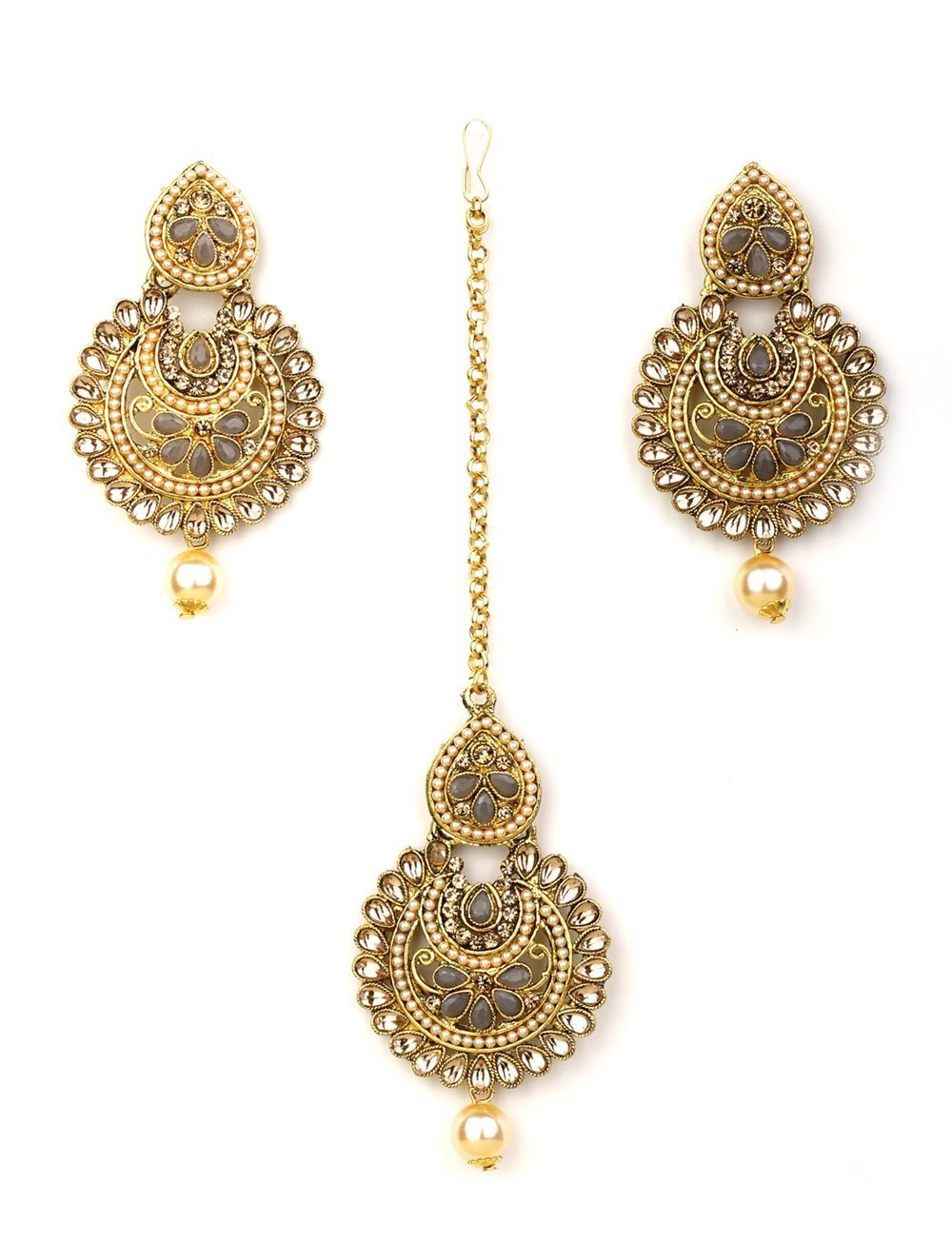 Women's Kundan Grey Stone MaangTikka Earring Set