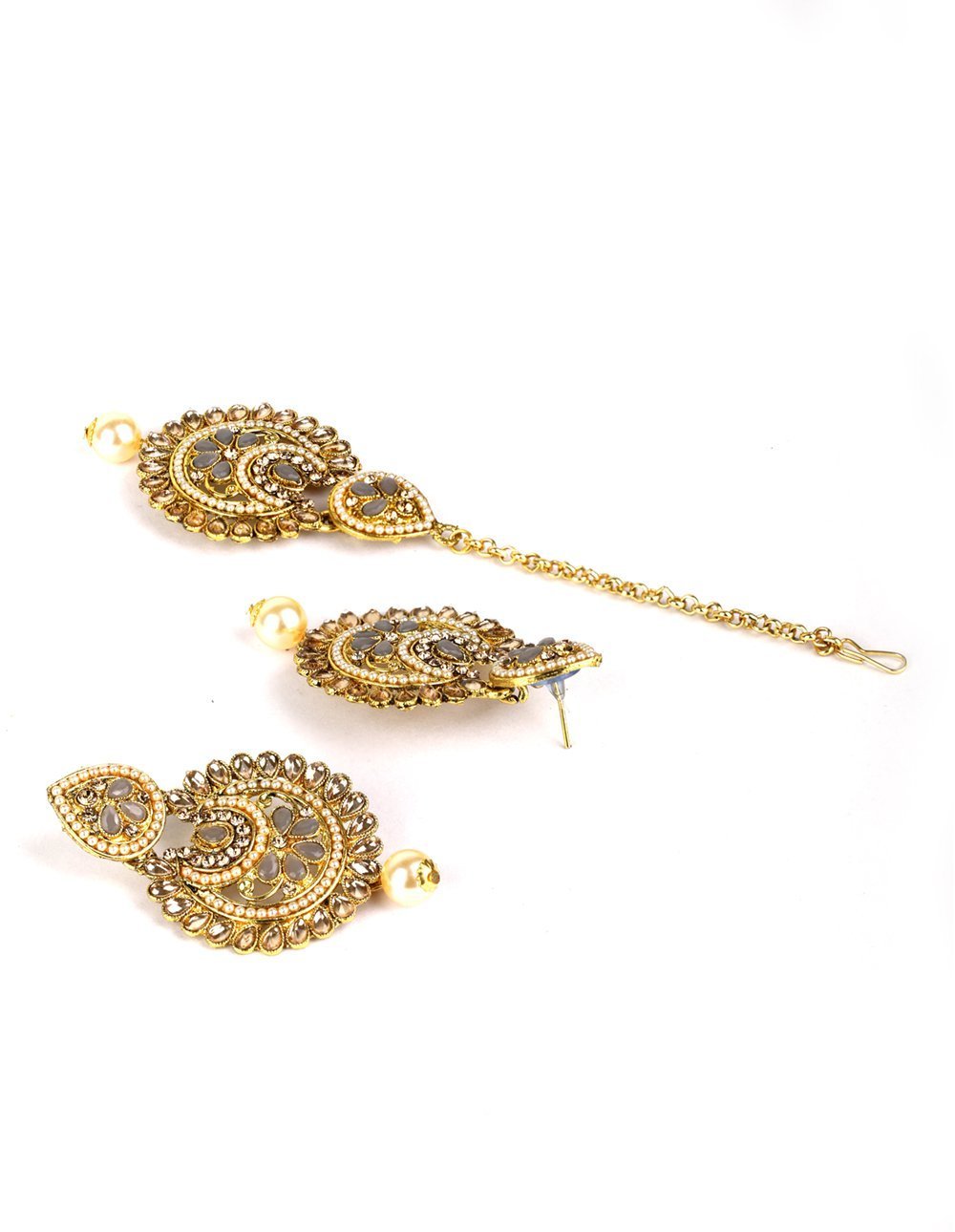Women's Kundan Grey Stone MaangTikka Earring Set