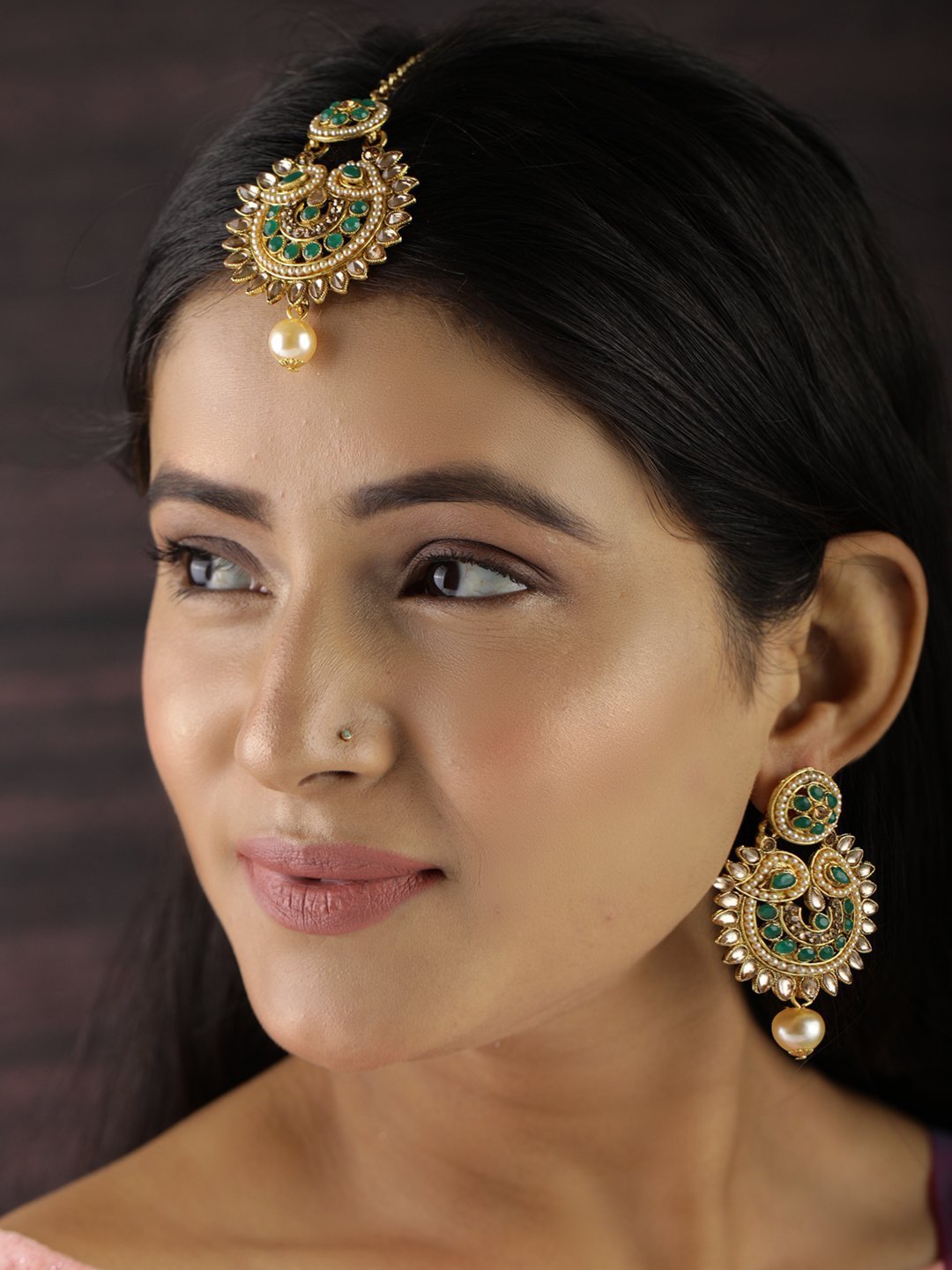 Women's Kundan Green Stone MaangTikka Earring Set