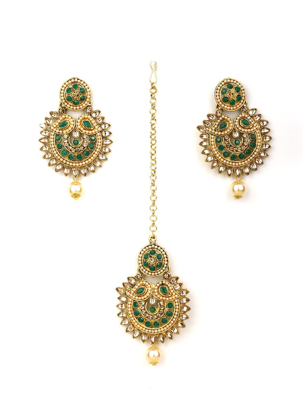 Women's Kundan Green Stone MaangTikka Earring Set