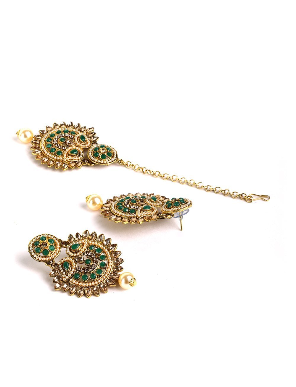 Women's Kundan Green Stone MaangTikka Earring Set