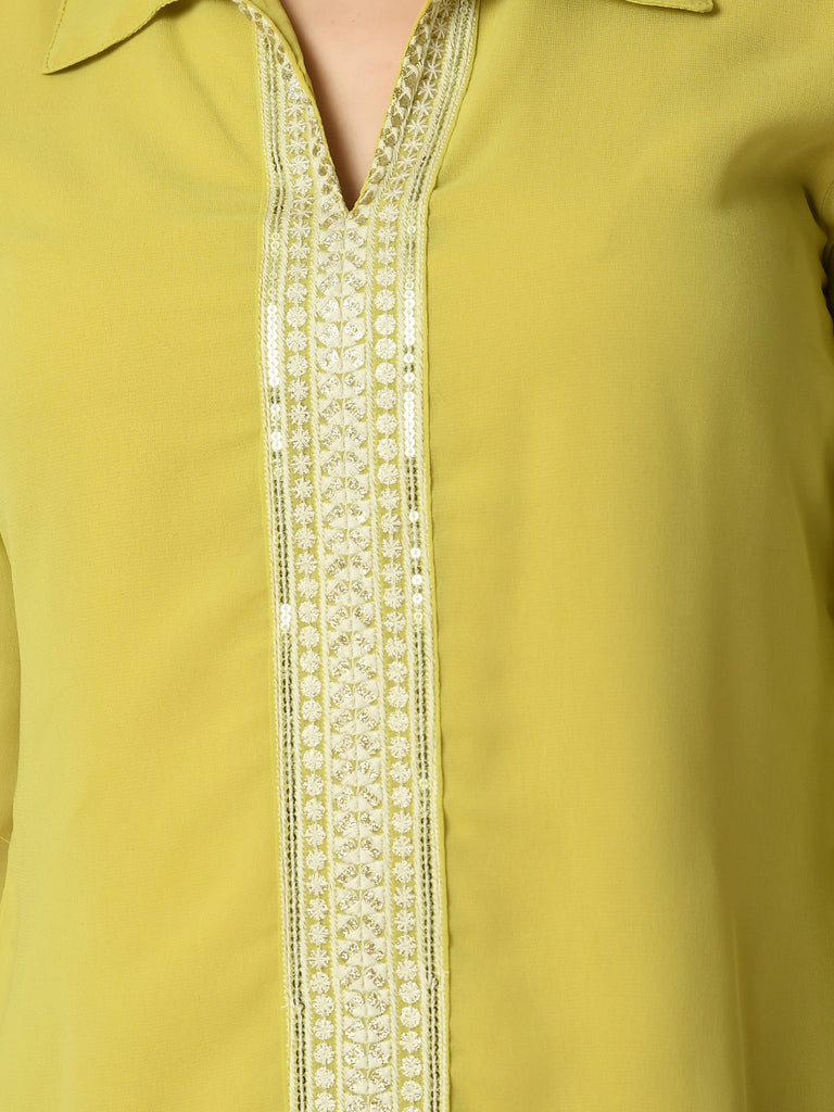Women's Yellow Embroidered Party  Fusion Top