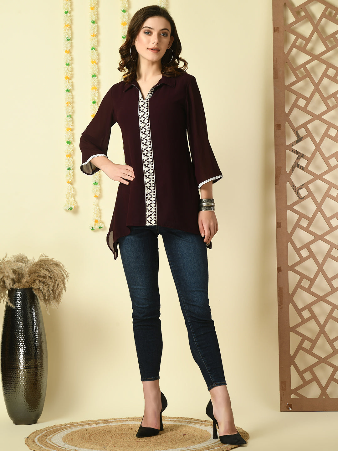 Women's Coffee Brown Embroidered Party  Fusion Top - Myshka