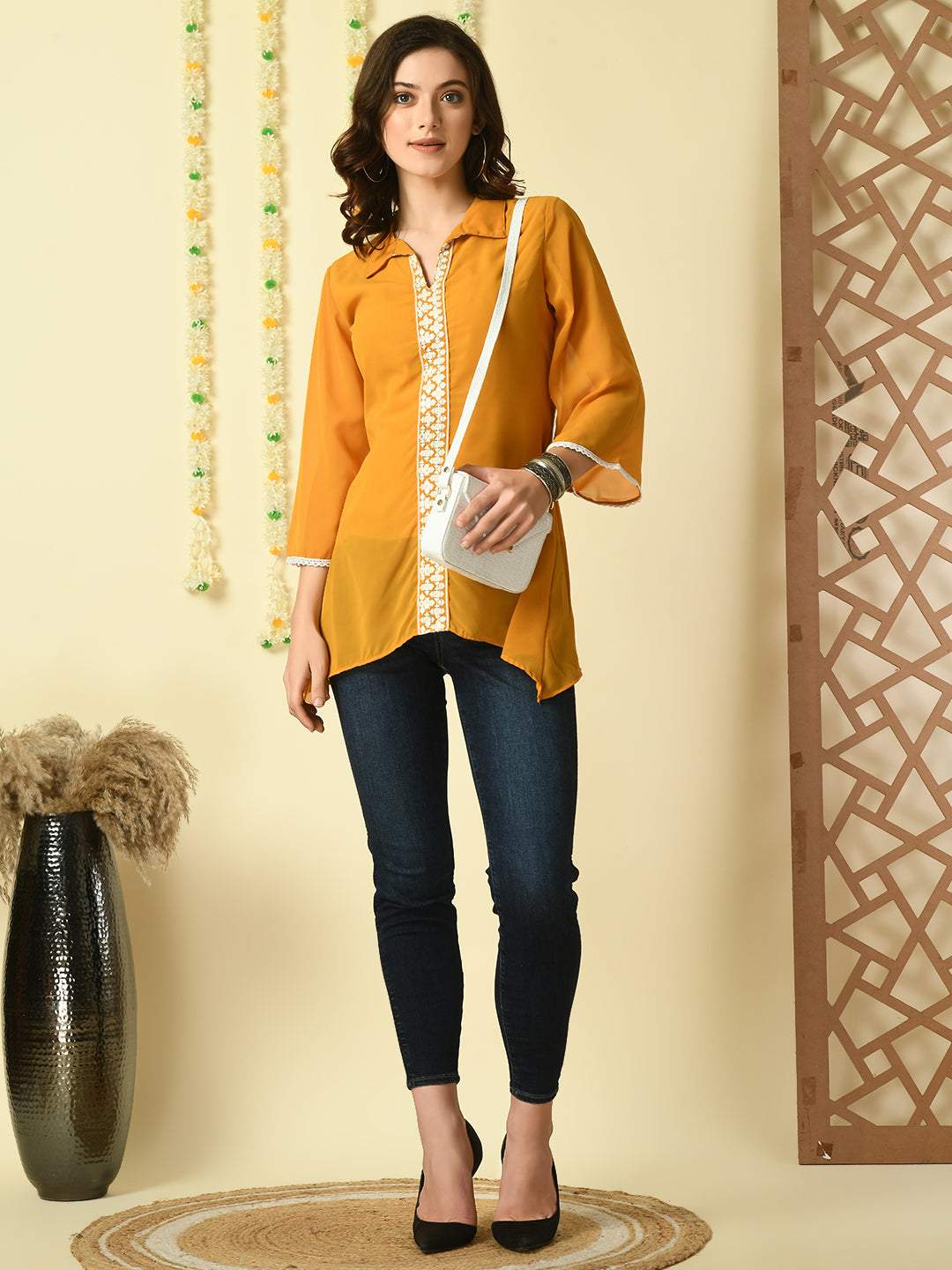 Women's Mustard Embroidered Party  Fusion Top - Myshka