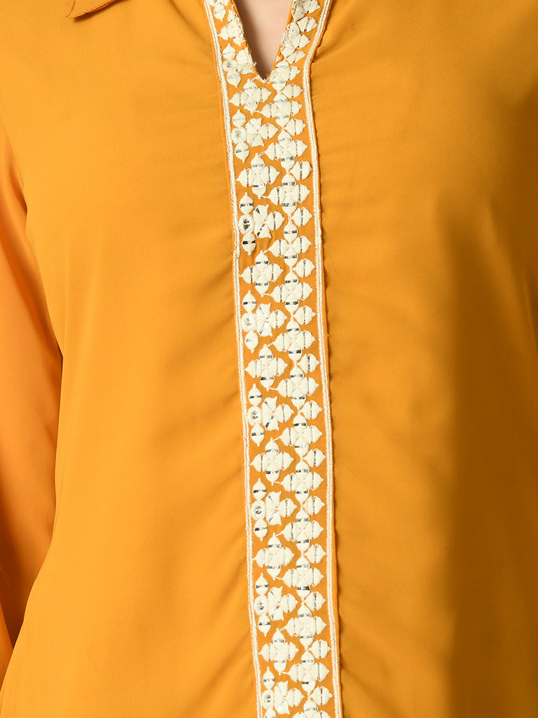 Women's Mustard Embroidered Party  Fusion Top