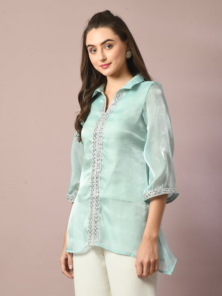 Women's  Blue Solid Longline Party Tunic