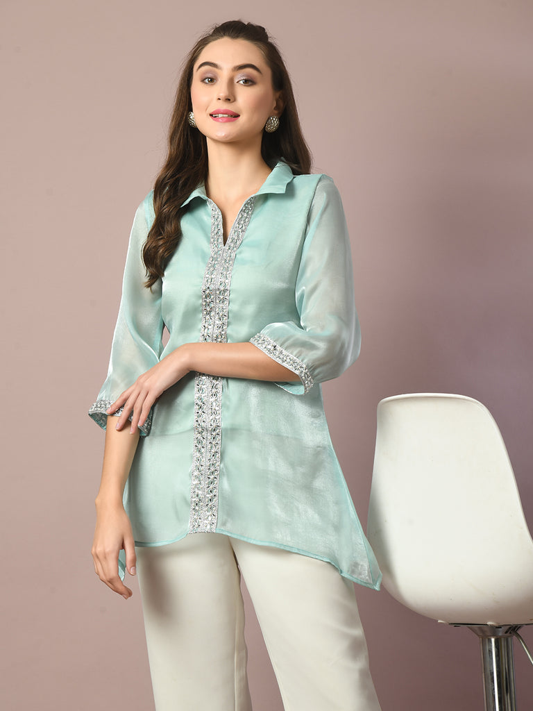 Women's  Blue Solid Longline Party Tunic