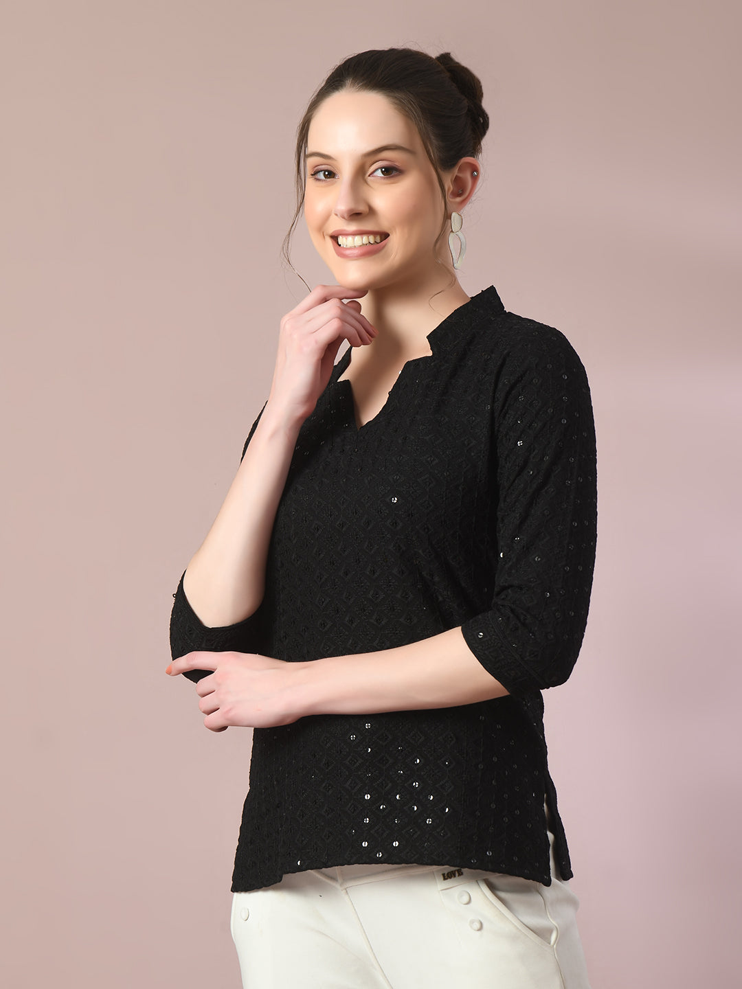 Women's  Black Embellished Cotton Regular Party Tunic  - Myshka