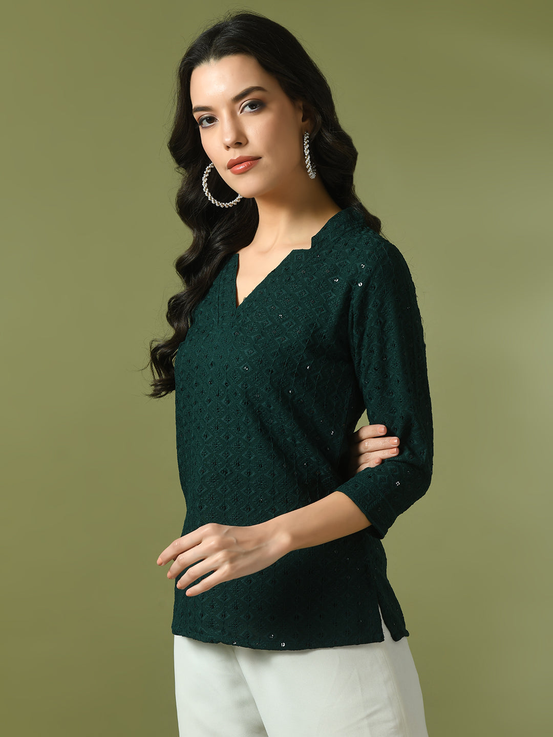 Women's  Green Embellished Cotton Regular Party Tunic  - Myshka