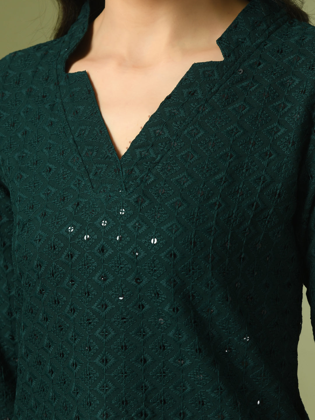 Women's  Green Embellished Cotton Regular Party Tunic  - Myshka