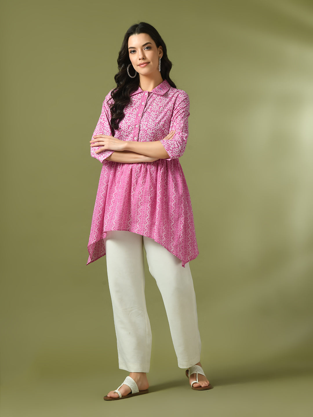 Women's  Pink Embellished Cotton Gathered Party Empire Top  - Myshka