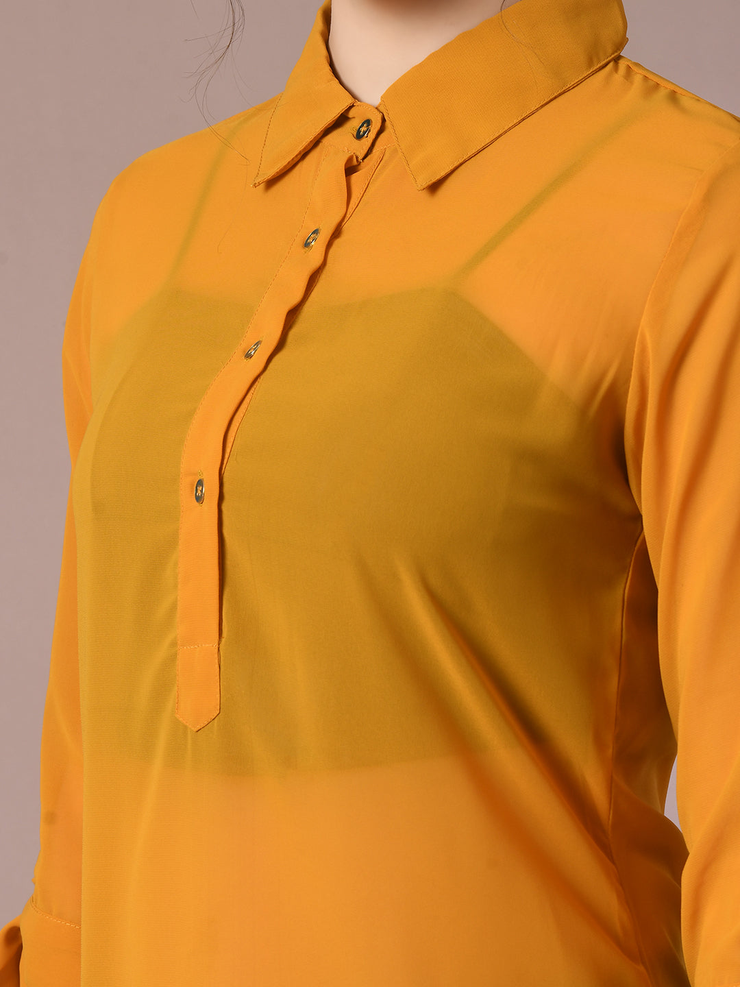Women's  Yellow Solid Georgette Longline Party Sheer Tunic  - Myshka