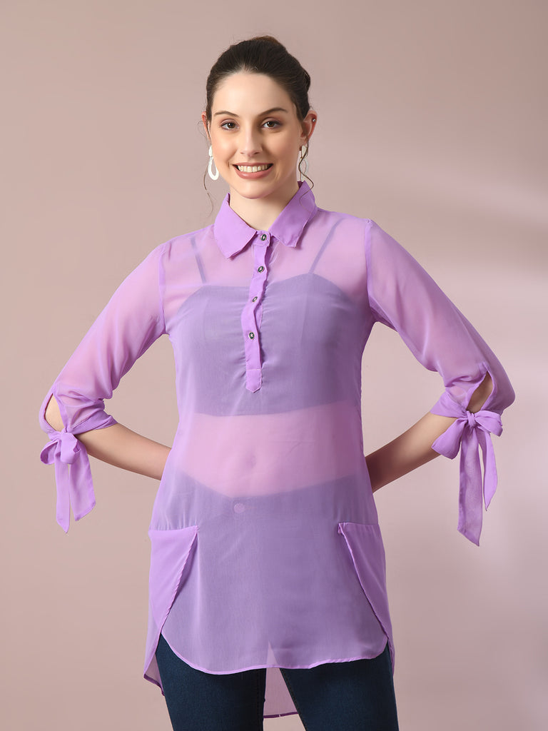 Women's  Lavender Solid Georgette Longline Party Sheer Tunic