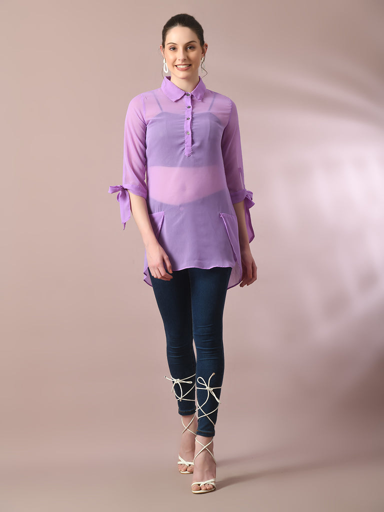 Women's  Lavender Solid Georgette Longline Party Sheer Tunic
