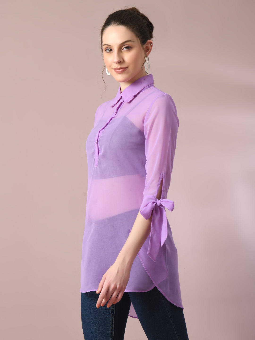 Women's  Lavender Solid Georgette Longline Party Sheer Tunic  - Myshka
