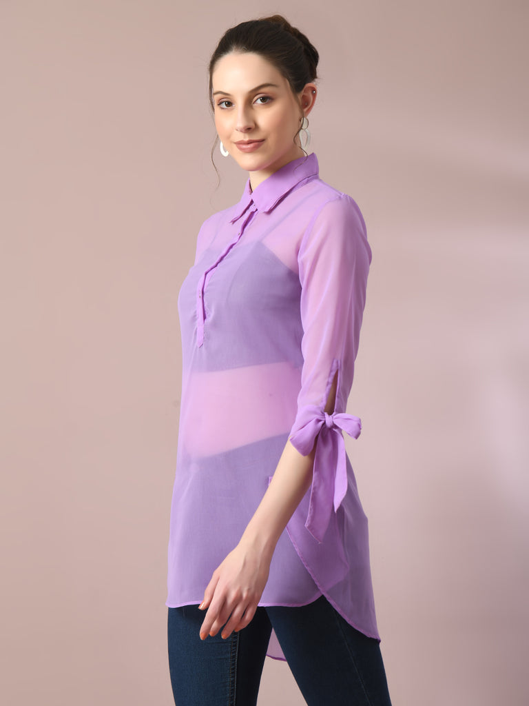Women's  Lavender Solid Georgette Longline Party Sheer Tunic