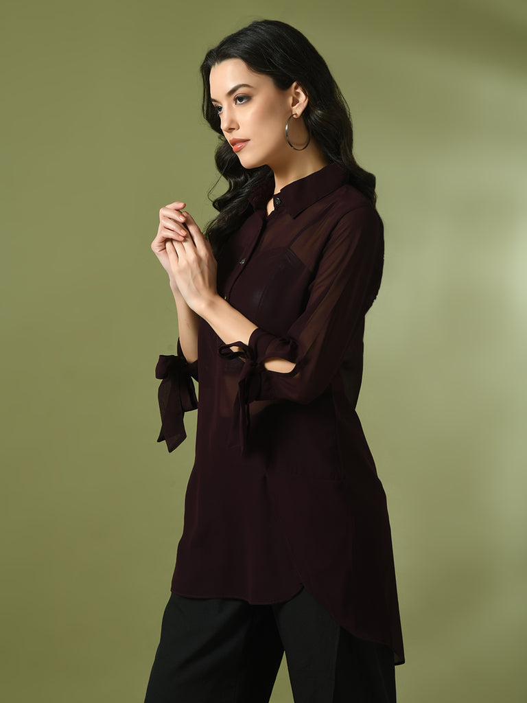 Women's  Coffee Brown Solid Georgette Longline Party Sheer Tunic