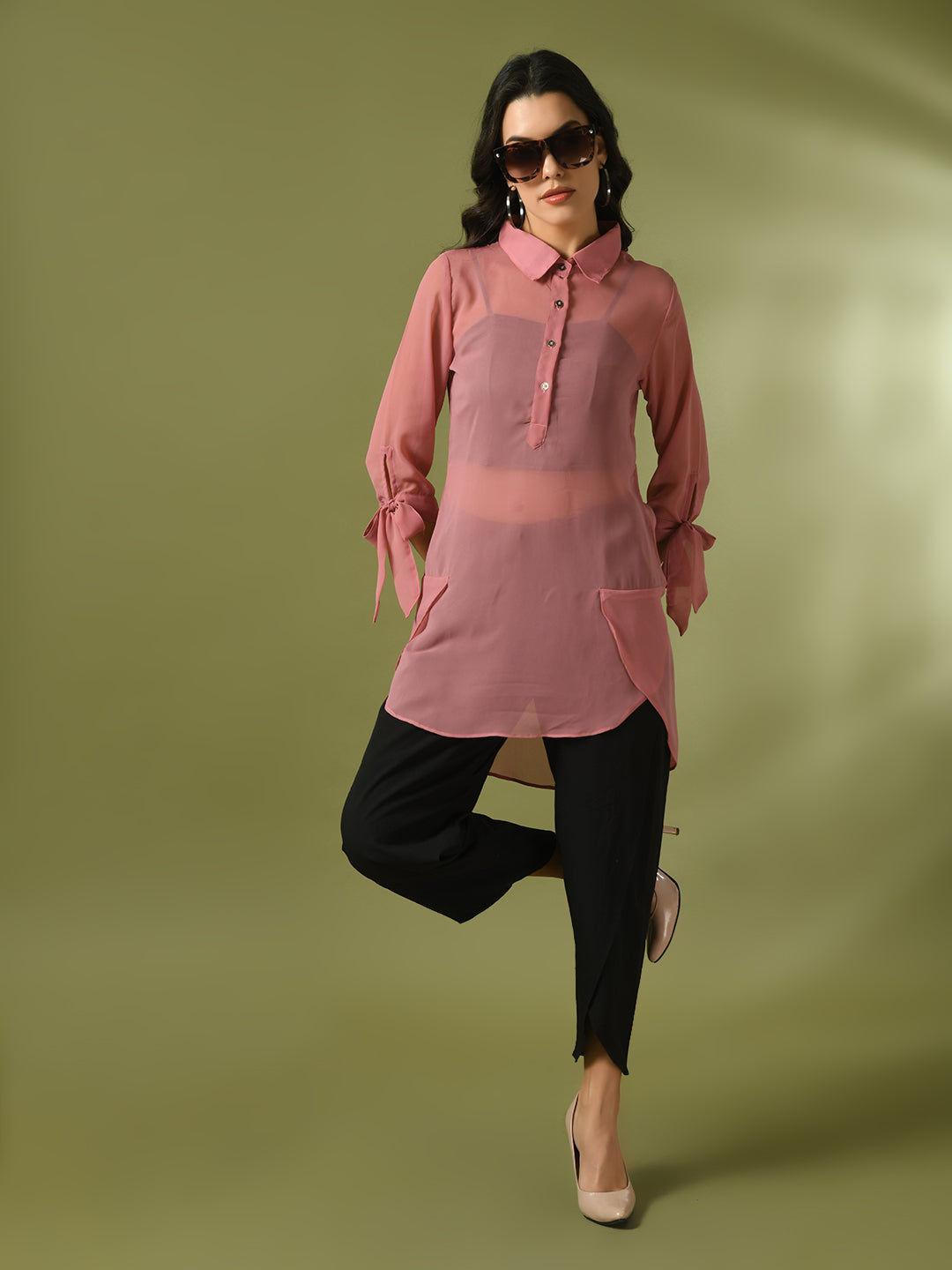 Women's  Pink Solid Georgette Longline Party Sheer Tunic  - Myshka